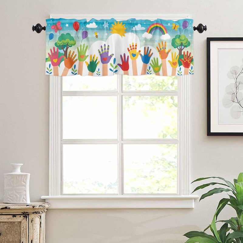 Homechoid Children's Day Curtain Valance for Windows/Living Room/Kitchen/Bathroom/Café, Kids Cartoon Handprint Bee Sun Rainbow Short Rod Pocket Tier Curtain Window Treatment Panel Topper Curtains 42''x12'' - Image 3